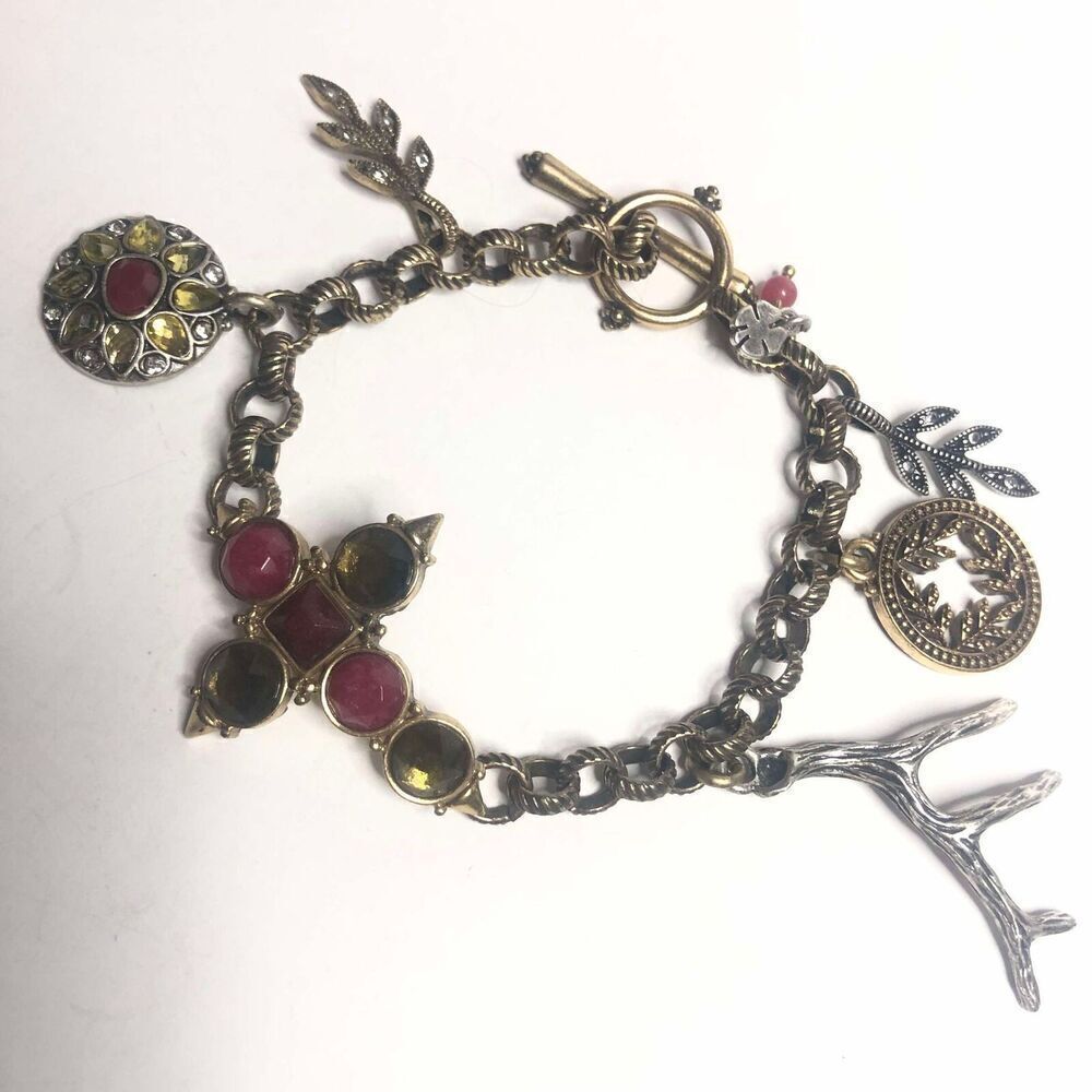 811 Lucky Brand boho antler charm drop goldtone silvertone toggle bracelet 7.5"